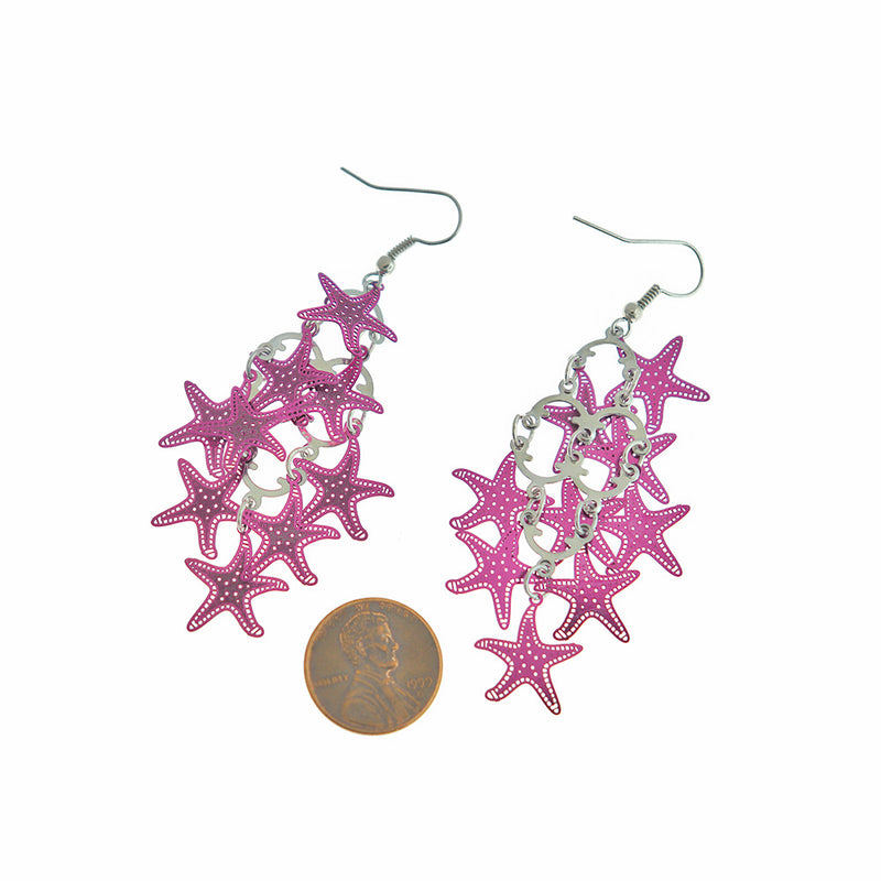 Boucles d'oreilles en acier inoxydable étoile de mer rose - Style crochet français - 2 pièces 1 paire - ER607