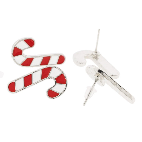 Silver Tone Stud Earrings - Enamel Candy Cane - 20mm x 11mm - 2 Pieces 1 Pair - ER515