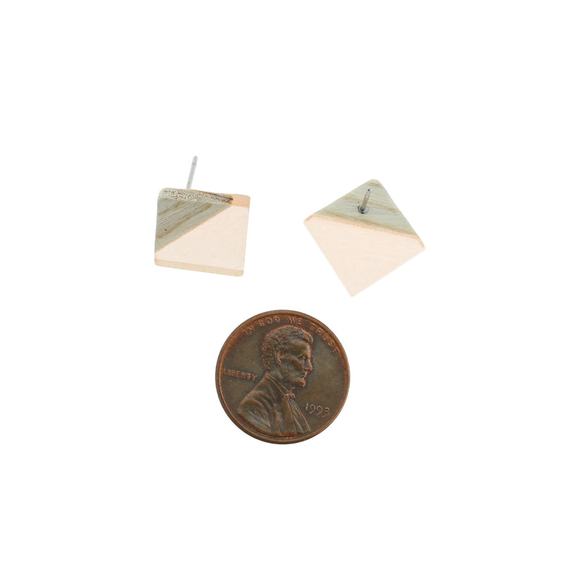 Wood Stainless Steel Earrings - Champagne Pink Resin Rhombus Studs - 18mm x 17mm - 2 Pieces 1 Pair - ER160