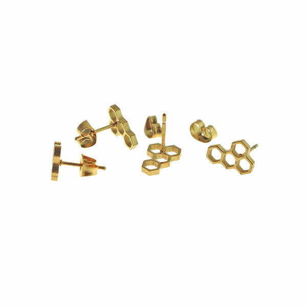 Honeycomb Gold Tone Titanium Steel Earring Studs - 11mm - 2 Pieces 1 Pair - ER789