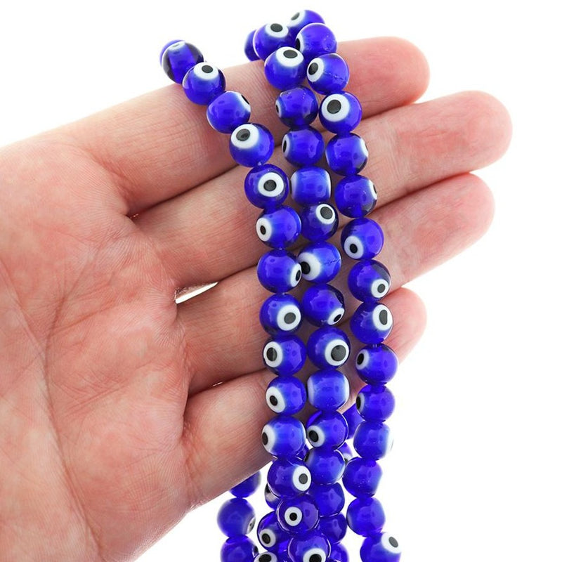 Round Glass Beads 8mm - Blue and White Evil Eye - 1 Strand 48 Beads - BD2333