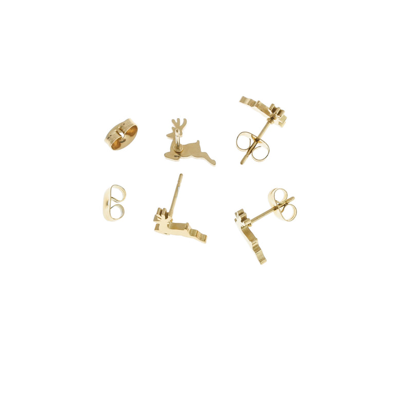 Gold Stainless Steel Earrings - Reindeer Studs - 10mm x 8mm - 2 Pieces 1 Pair - ER463