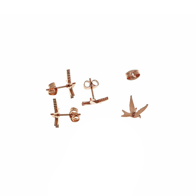 Rose Gold Stainless Steel Earrings - Bird Studs - 13mm x 11mm - 2 Pieces 1 Pair - ER455
