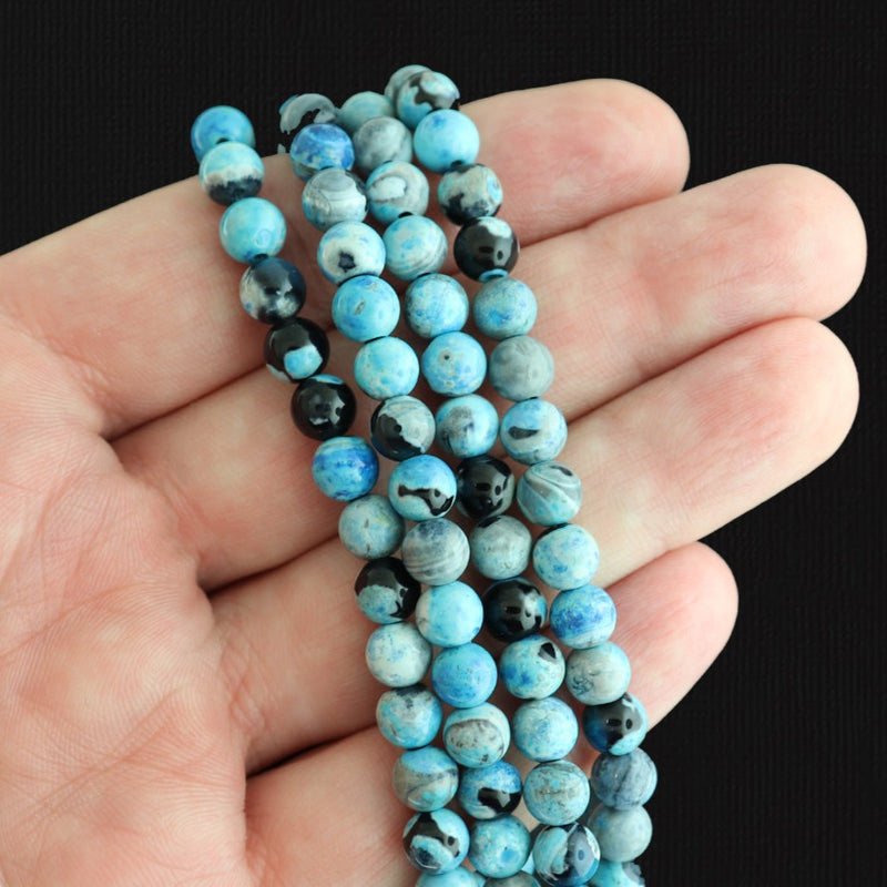 Perles rondes en agate naturelle 6 mm - Marbre bleu et noir - 1 rang 60 perles - BD1573