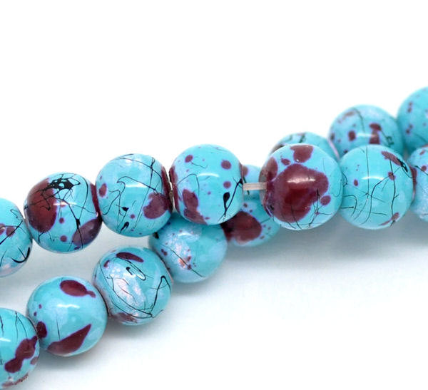 Round Glass Beads 6mm - Turquoise and Burgundy - 35 Beads - BD117
