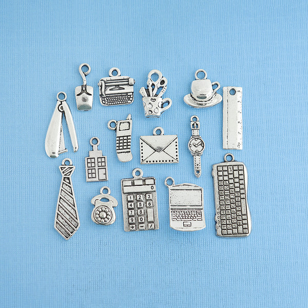 Office Charm Collection Antique Silver Tone 15 Charms - COL341
