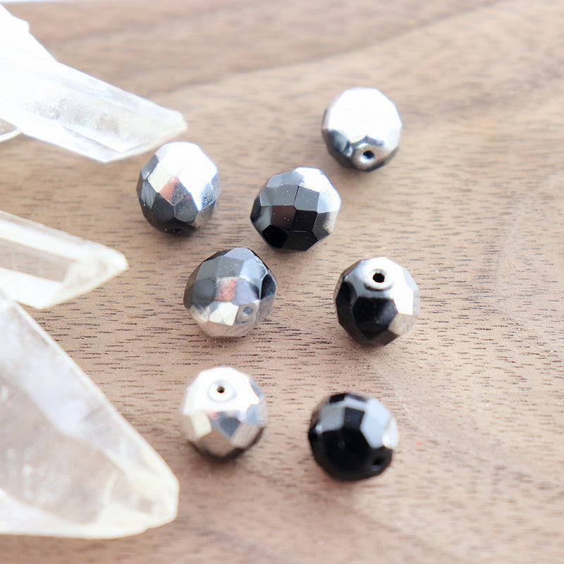 Faceted Czech Glass Beads 10mm - Fire Polished Black and Silver - 10 Beads - CB071