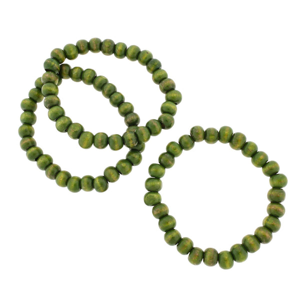 Bracelet Perles Bois Rondes - 56mm - Vert Olive - 1 Bracelet - BB034