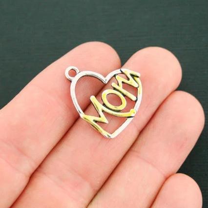 6 Mom Heart Antique Silver and Gold Tone Charms - SC6841