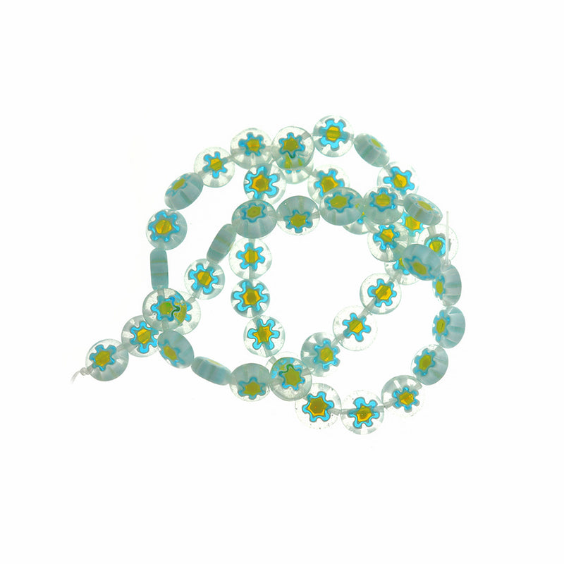 Perles de Verre Plates 8mm x 4mm - Millefiori Floral Cyan - 1 Rang 53 Perles - BD036