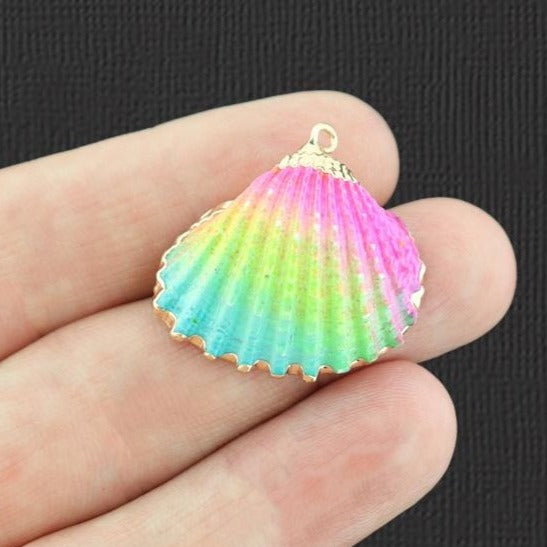 2 Rainbow Natural Seashell Gold Tone Enamel Charms - E984