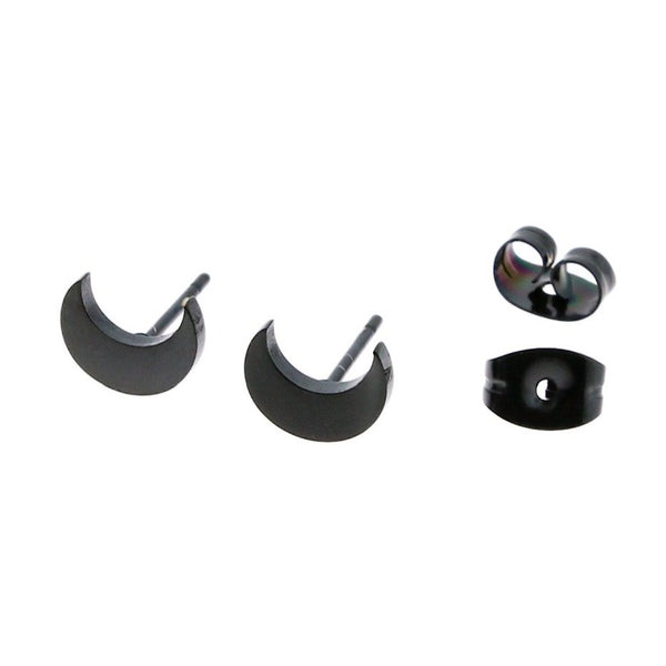 Gunmetal Black Stainless Steel Earrings - Crescent Moon Studs - 8mm x 6mm - 2 Pieces 1 Pair - ER060