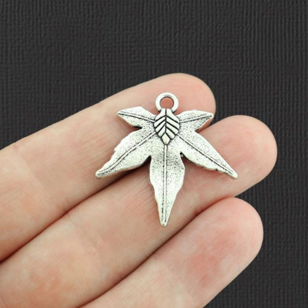 8 Weed Leaf Antique Silver Tone Charms 2 Sided - SC5608