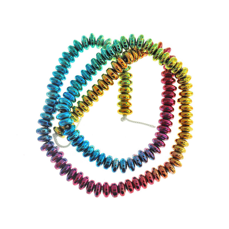 Rondelle Hematite Beads 6mm x 3mm - Electroplated Rainbow - 1 Strand 136 Beads - BD1306