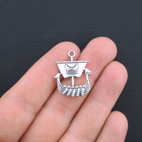 6 Viking Ship Antique Silver Tone Charms 2 Sided - SC3346