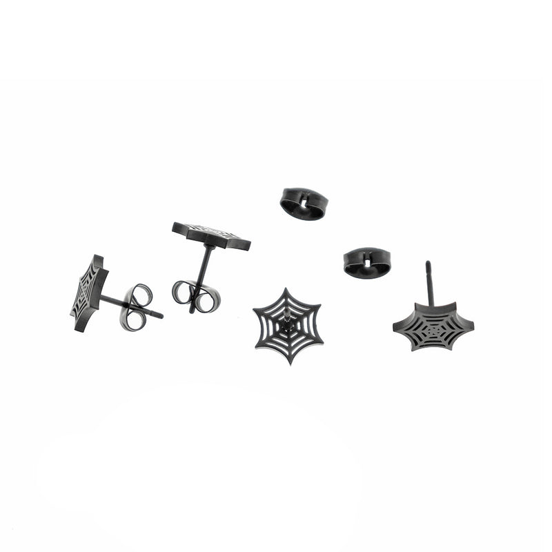 Boucles d'oreilles en acier au titane noir Gunmetal - Clous de toile d'araignée - 9mm - 2 pièces 1 paire - ER592