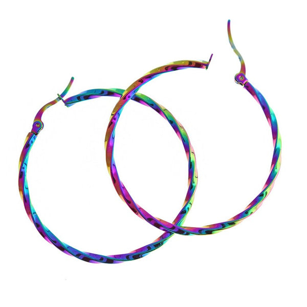 Rainbow Electroplated Stainless Steel Earrings - Twisted Hoop - 46mm x 44mm - 2 Pieces 1 Pair - ER502