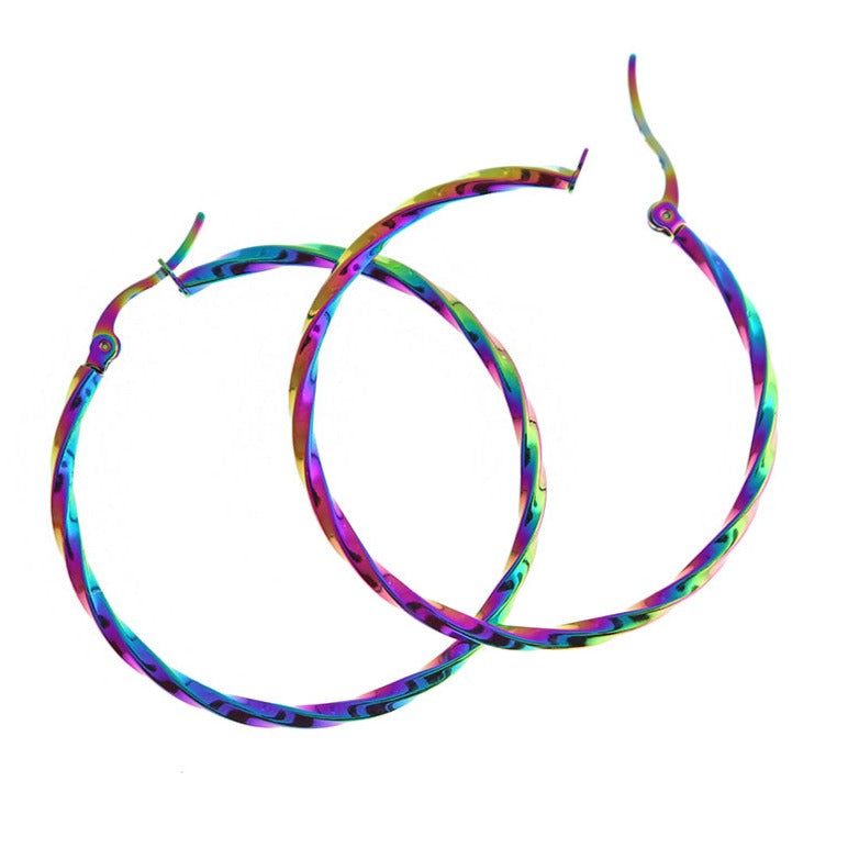 Rainbow Electroplated Stainless Steel Earrings - Twisted Hoop - 46mm x 44mm - 2 Pieces 1 Pair - ER502