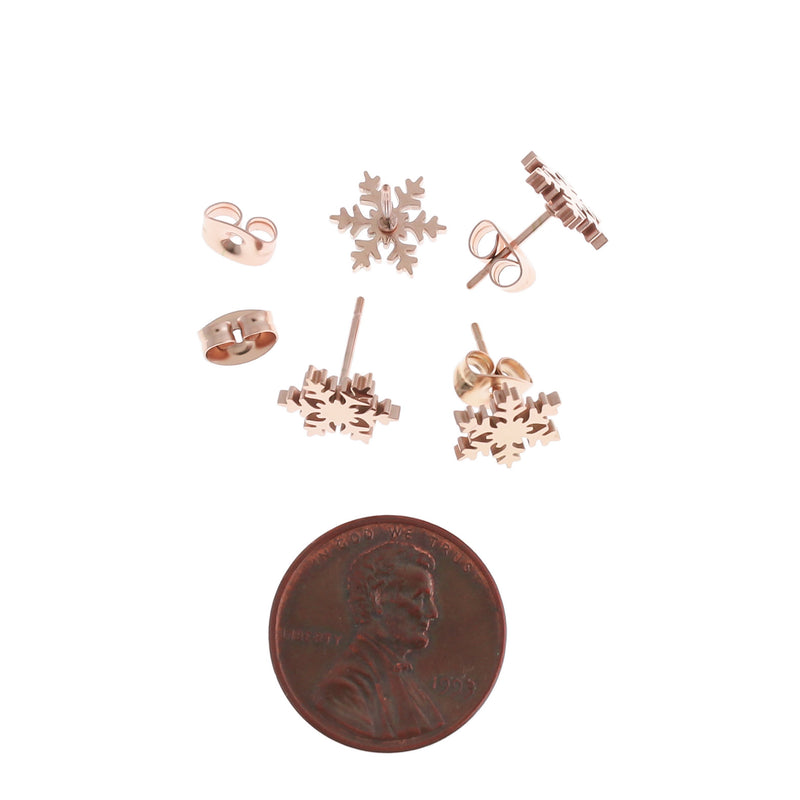 Rose Gold Stainless Steel Earrings - Snowflake Studs - 10mm - 2 Pieces 1 Pair - ER409
