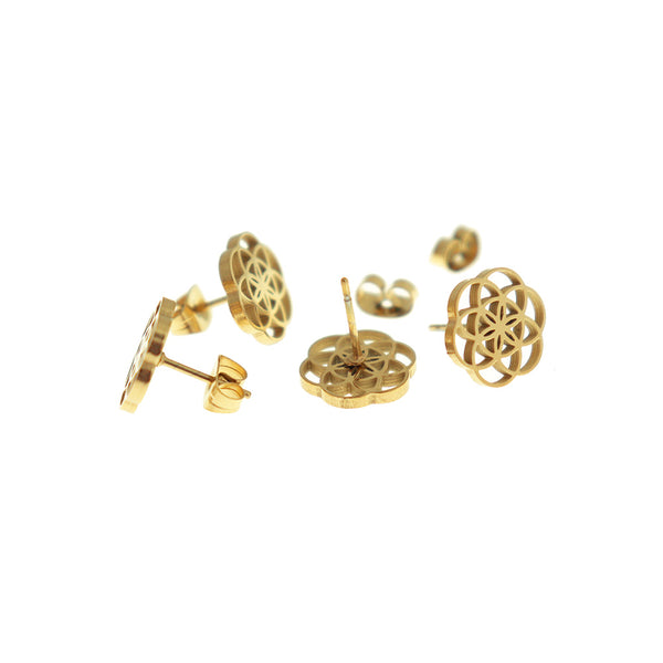 Boucles d'oreilles en acier inoxydable doré - clous fleur de vie - 11 mm - 2 pièces 1 paire - ER1005
