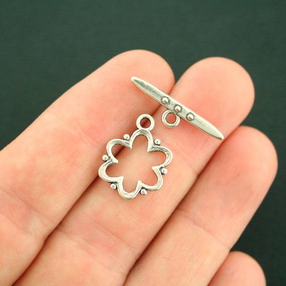 Flower Silver Tone Toggle Clasps 16mm x 12mm - 5 Sets 10 Pieces - SC609