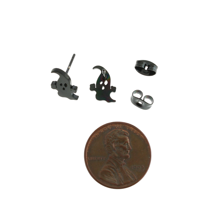 Gunmetal Black Stainless Steel Earrings - Ghost Studs - 10mm x 7mm - 2 Pieces 1 Pair - ER354