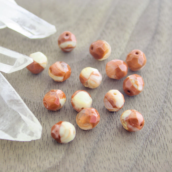 Faceted Czech Glass Beads 8mm - Polished Cream and Brown - 15 Beads - CB319