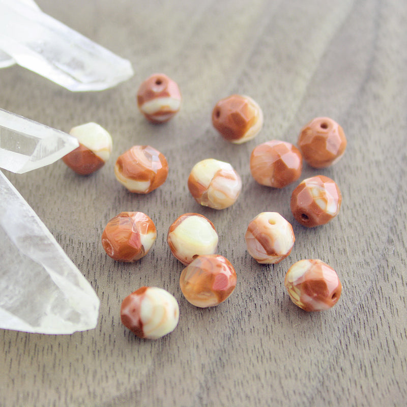Faceted Czech Glass Beads 8mm - Polished Cream and Brown - 15 Beads - CB319