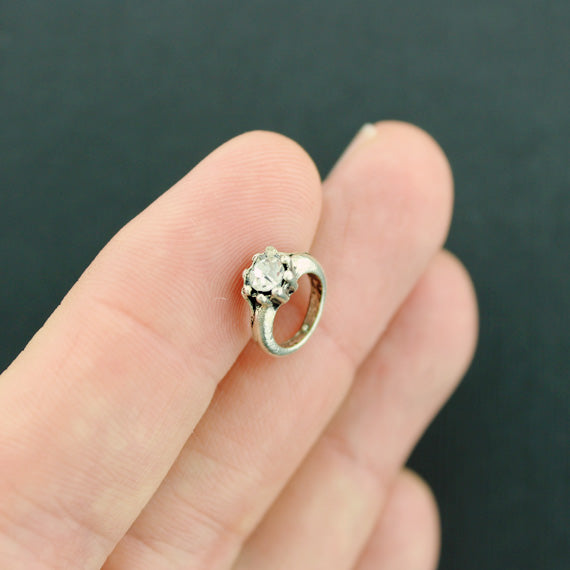 5 Engagement Ring Antique Silver Tone Charms 3D With Inset Rhinestone - SC6740