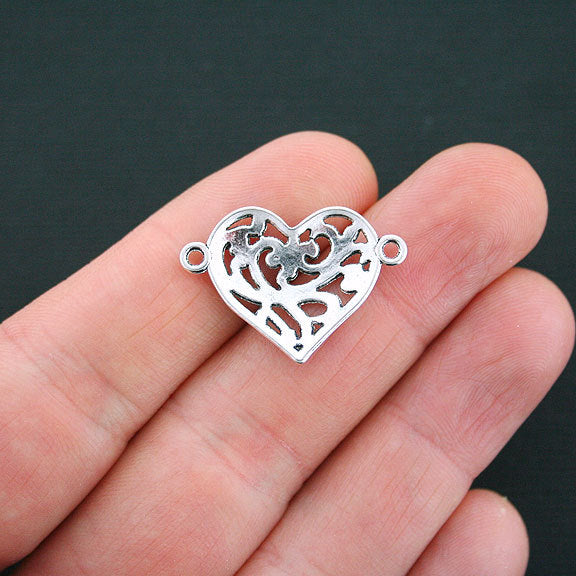 6 Heart Connector Antique Silver Tone Charms - SC3174