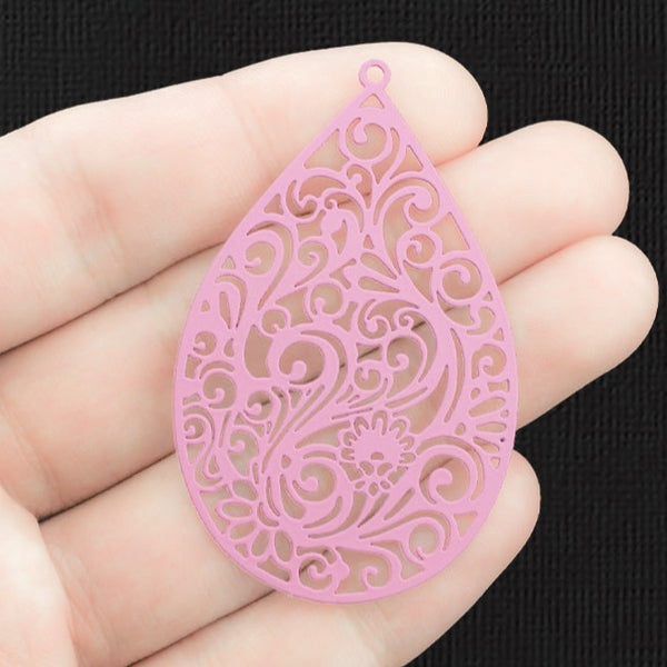 2 Filigree Teardrop Pink Enamel Charms 2 Sided - E1296