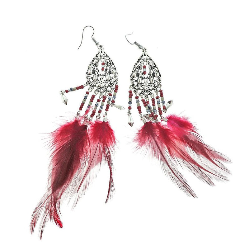 Boucles d'oreilles en filigrane 2 plumes - Style crochet français - 1 paire - Z1220