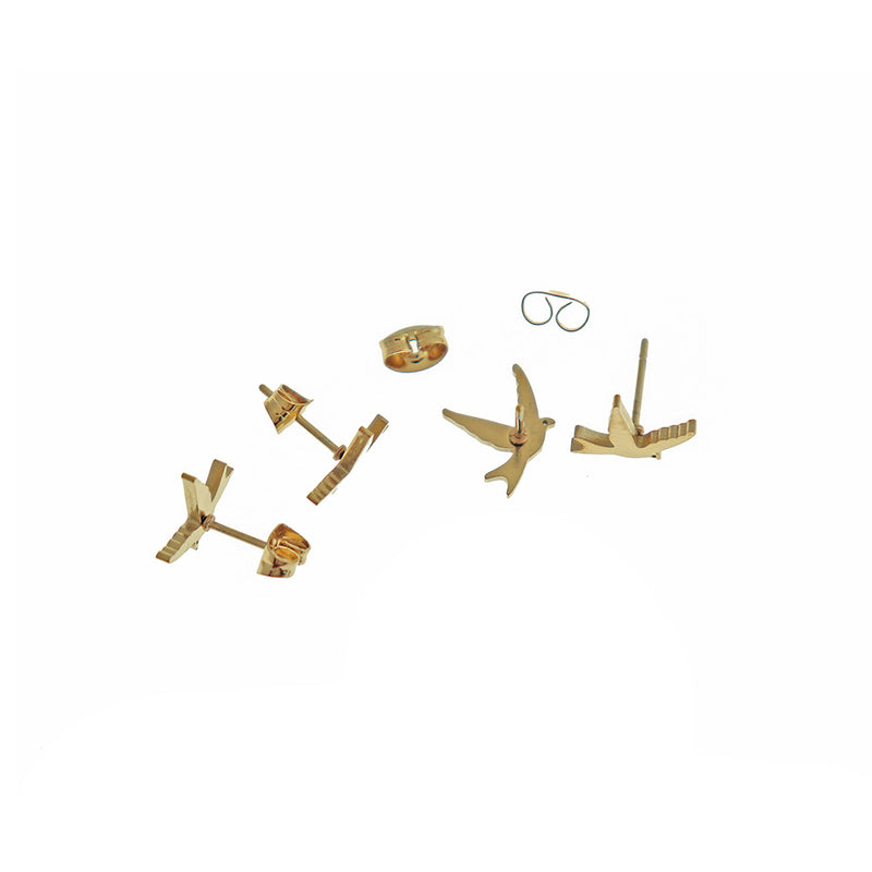 Gold Stainless Steel Earrings - Bird Studs - 13mm x 11mm - 2 Pieces 1 Pair - ER453