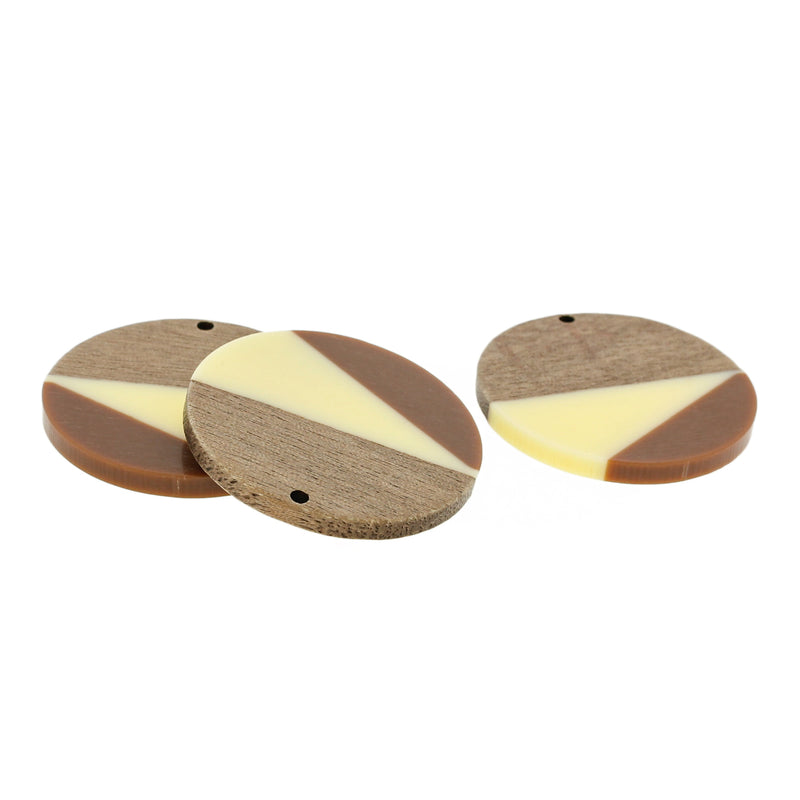 Round Natural Wood and Resin Charm 38mm - Brown and White - WP571