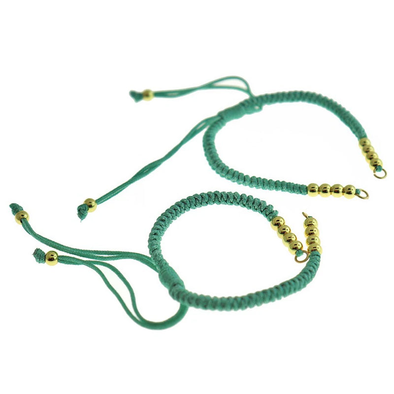 Green Polyester Cord Adjustable Connector Bracelet Bases With Spacer Beads 4.5-8.5"- 4mm - 5 Bracelets - N808