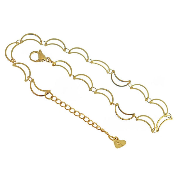 Gold Stainless Steel Crescent Moon Chain Bracelets 8" Plus Extender - 3mm - 5 Bracelets - N434