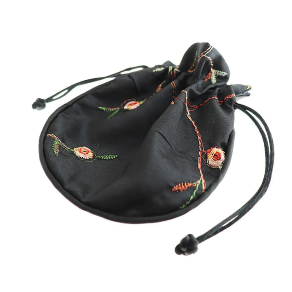 BULK 5 Drawstring Bags 14cm x 12cm Black Floral Jewelry Pouch - TL258