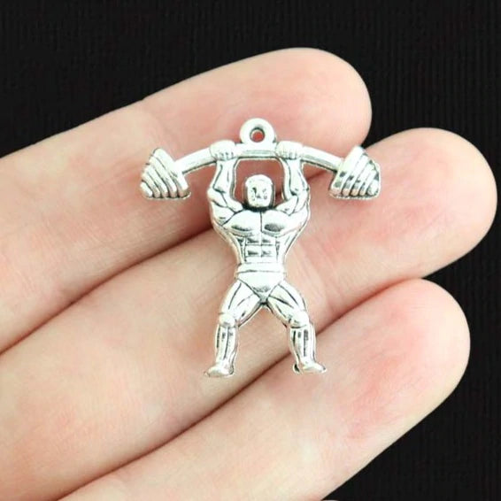 BULK 10 Weightlifter Antique Silver Tone Charms - SC1049