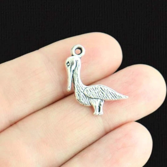 BULK 40 Pelican Antique Silver Tone Charms 2 Sided - SC371