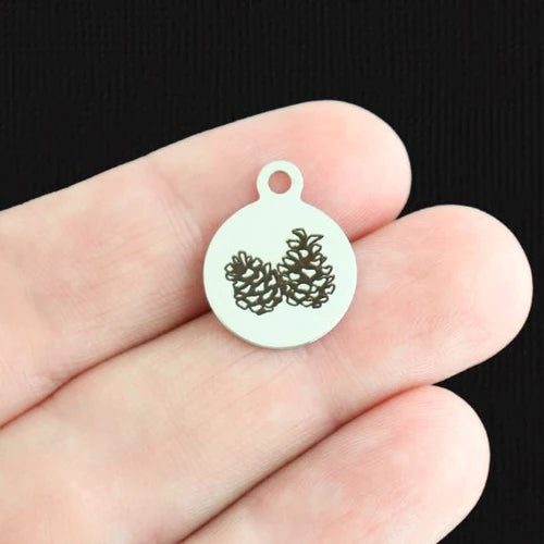 Pinecone Stainless Steel Small Round Charms - BFS002-7923