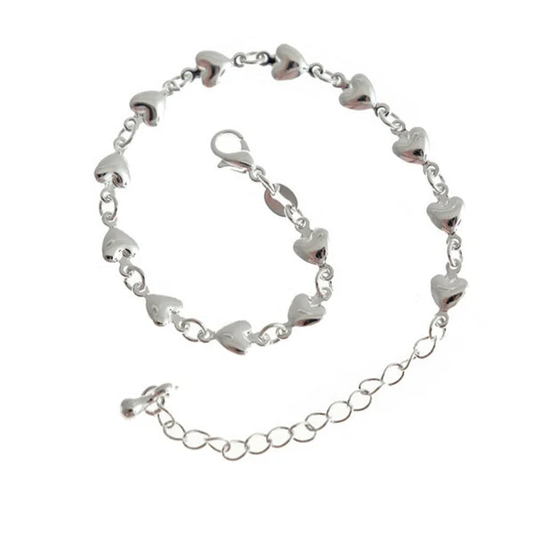 Heart Silver Tone Chain Link Bracelets 6" Plus Extender - 5mm - 5 Bracelets - N282