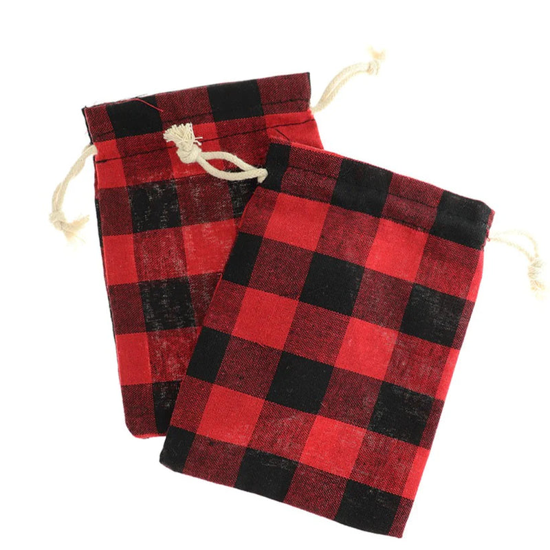 BULK 20 Red Plaid Cotton Drawstring Bags 14cm x 10cm - TL261