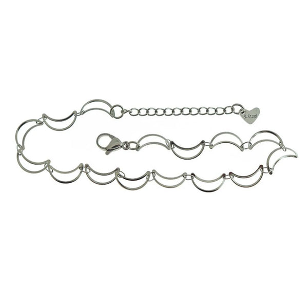 Stainless Steel Crescent Moon Chain Bracelets 8" Plus Extender - 3mm - 5 Bracelets - N093