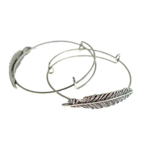 Antique Silver Tone Feather Adjustable Bangles - 60mm - 5 Bangles - N328