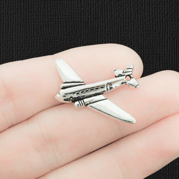 BULK 25 Airplane Antique Silver Tone Charms 2 Sided - SC647