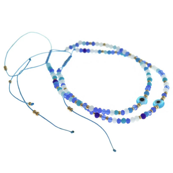 Light Blue Nylon Cord Adjustable Connector Bracelet Base With Evil Eye 3-7.5"- 4mm - 5 Bracelets - N809