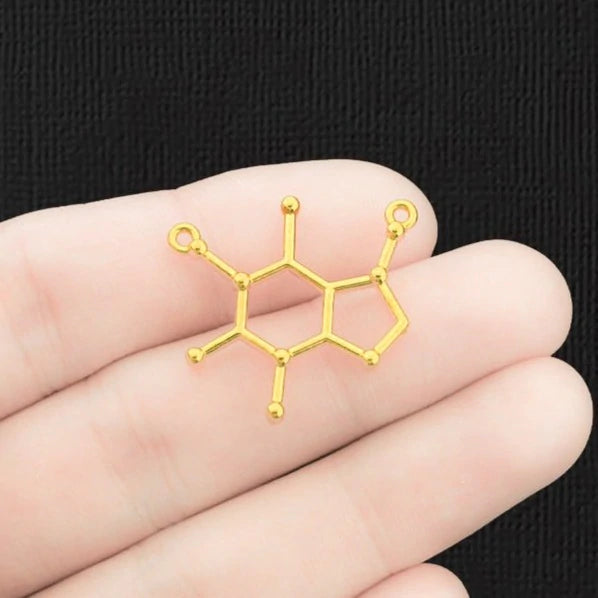 6 Caffeine Molecule Antique Gold Tone Charms - GC798