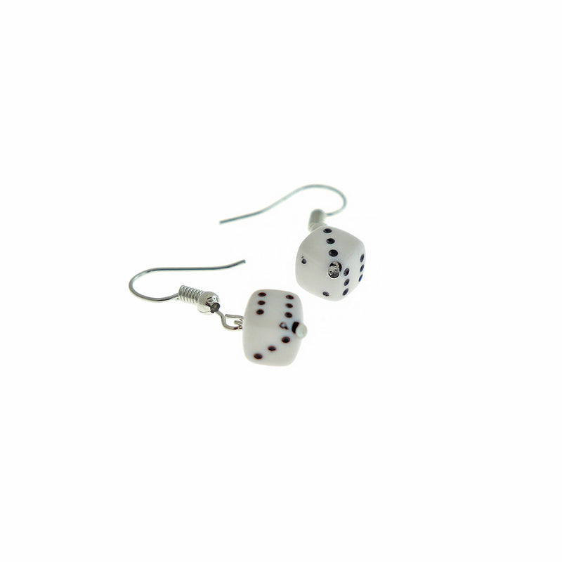 Acrylic White Dice Earrings - Silver Tone French Hook Style - 2 Pieces 1 Pair - ER512