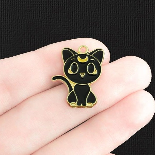4 Black Cat Gold Tone Enamel Charms - E354