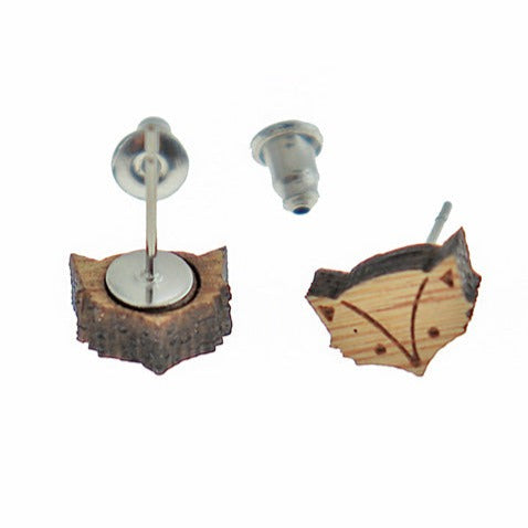Wood Stainless Steel Earrings - Fox Studs - 9mm x 7mm - 2 Pieces 1 Pair - ER451